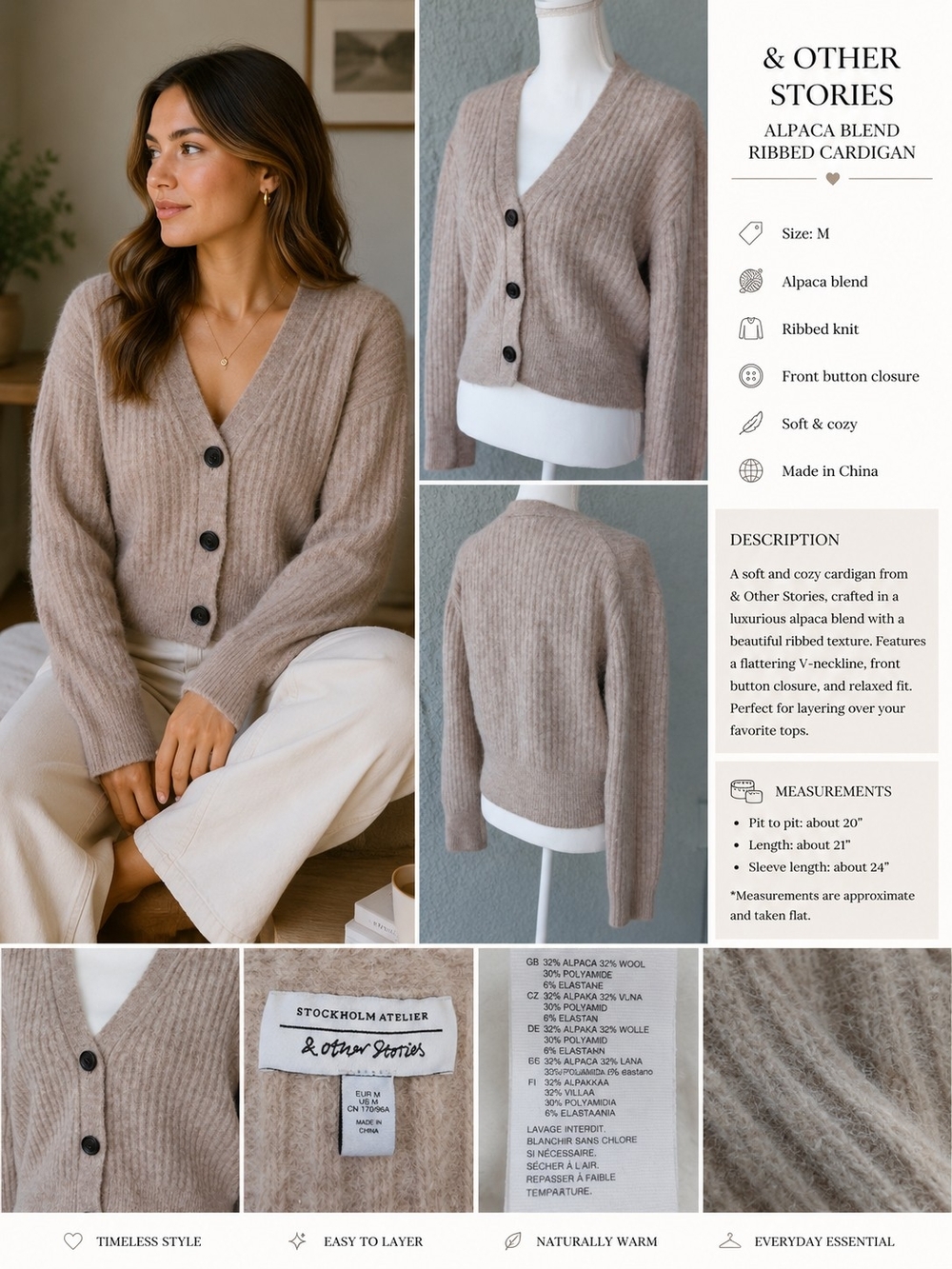 Stockholm Atelier Alpaca Wool Blend Ribbed Cardigan Beige Button Front Sweater